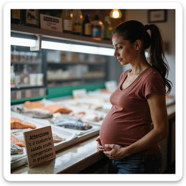 realistic pregnant woman in 4K observing the fish counter with a sign in the foreground that says: 'Attenzione, il consumo di salmone crudo puo comportare rischi in gravidanza' sticker