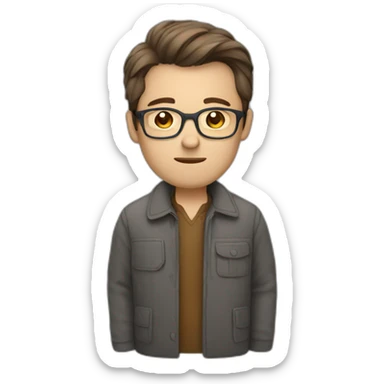 Librarian looking tired with brown hair, grey glasses, male, wearing jacket sticker