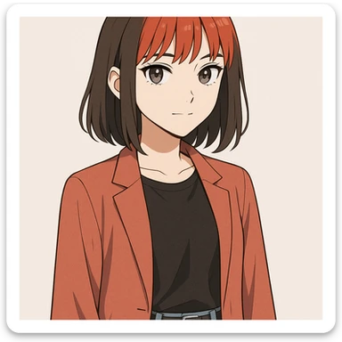 anime illustration, young brunette woman, grey eyes, salmon red bangs, modern outfit, clean lines sticker
