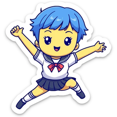 Energetic anime girl with short blue hair wearing Japanese sailor style school uniform, jumping excitedly with arms raised, very cheerful, kawaii style sticker