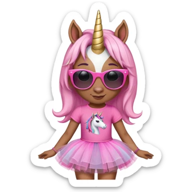 friendly anthropomorphised female unicorn with horse-like face, in tutu and pink t-shirt, wearing dark sunglasses, standard pose, close-crop head and shoulders portrait sticker
