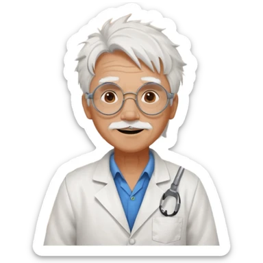 Portrait of an eccentric inventor with messy white hair, round goggles on forehead, wrinkled face with excited expression, wearing a slightly burnt lab coat, background of workshop with blueprints and tools sticker