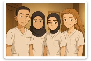 Variante 2 : Quatre étudiants infirmiers côte à côte, ambiance chaleureuse, en intérieur, style Ghibli, tenues uniformes blanches à manches courtes sans col, sans sous-pull ni stéthoscopes. Hauts de type tunique médicale, col en V, poche poitrine côté gauche. Visages et attitudes inspirés des quatre photos jointes, composition différente. sticker
