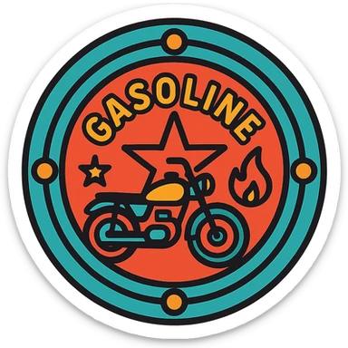 circular motorcycle gas cap design, transparent background, text 'GASOLINE', motif: star, motorcycle, flame, retro style sticker