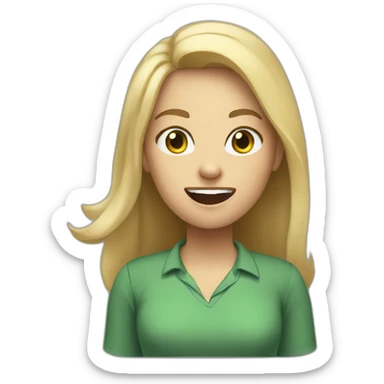 front view woman teacher long blonde hair dark eyes green shirt no glasses yelling sticker