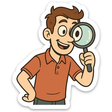 young man with magnifying glass, curious and cheerful expression, comic style sticker