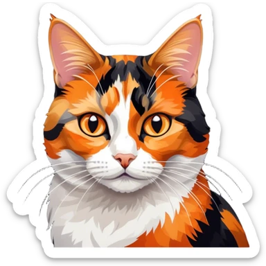 Cinematic Noble Calico Cat Portrait Emoji, Poised and regal, with a striking patchwork fur in vibrant orange, black, and white hues, delicate whiskers and a refined, focused gaze, simplified yet exquisitely detailed, glowing with a soft, moonlit radiance and an air of aristocratic elegance, high shine, exuding dignified intelligence and poised authority, soft glowing outline, capturing the essence of a watchful and noble calico cat that appears ready to grace the screen with effortless majesty! sticker