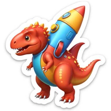 cute toy-like rocket-propelled dinosaur, rounded shapes, glossy texture, colorful rocket backpack, happy expression, 3D cartoon, mobile game icon style, clean background, no text, no watermark
 sticker