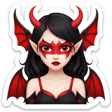 demon girl, skin red , black long hair, small horns, bat wing, black open-back dress, bold black outlines, red+black palette sticker