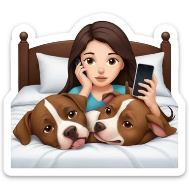 Girl long dark brown hair in layers cascading  down her face lays bed with her cell phone and her brown pit bull lays guarding her sticker