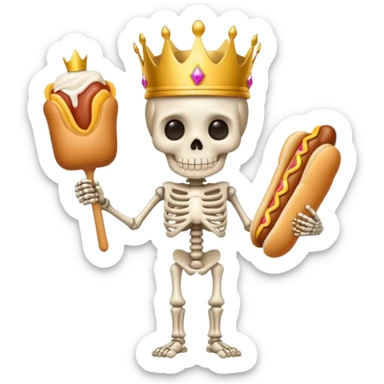 A cute skeleton wearing crown and holding hot dog full body sticker