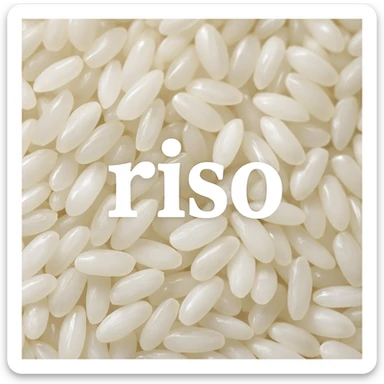 photo realistic close-up of shiny white rice grains with the word 'riso' in Italian on the image sticker