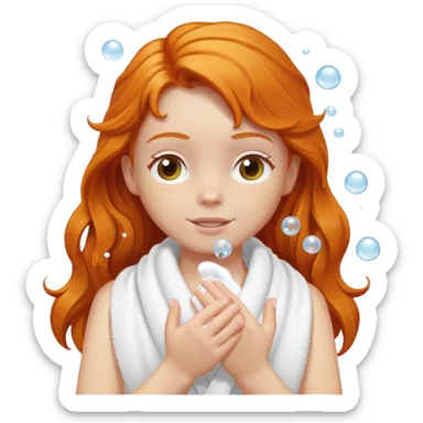 Ginger girl in towel shower washing long hair up in hands soapy bubbles sticker