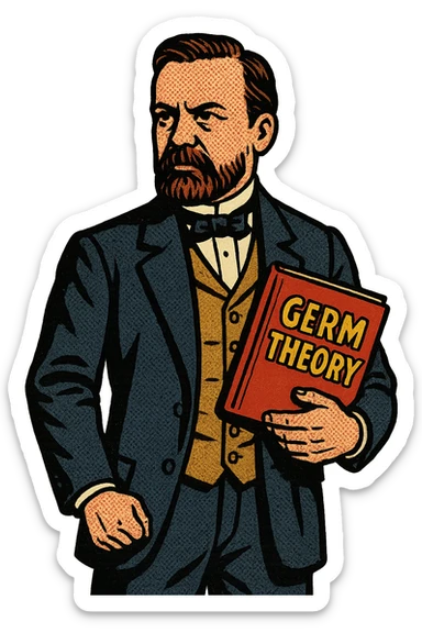 A doctor from the late 1800s standing with a book about the Germ Theory in his hand sticker