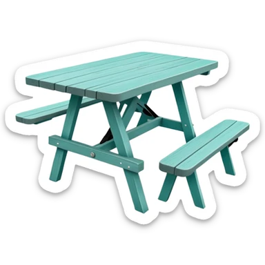 functional scenic prop picnic table with benches, soft teal, straight vertical legs, wheels, flat wood-style silhouette, clean geometry, minimal shading sticker
