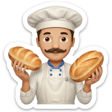 Middle aged male pastry chef - with a mustache, apron, white hat, holding bread sticker