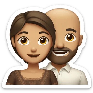 Brown-haired Puerto Rican woman with dark brown eyes wearing a cute blouse giving a comforting hug to a short, bald man with brown eyes, laugh lines, and a beard sticker