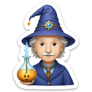 Albert Einstein, wearing wizard hat custome, with glas vase sticker