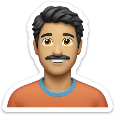 A young man with black hair has a mustache wearing a smiling blue T-shirt sticker