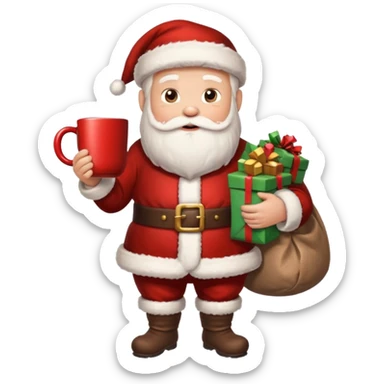 Санта клаус с мешком подарков за спиной и кружкой какао в руке sticker