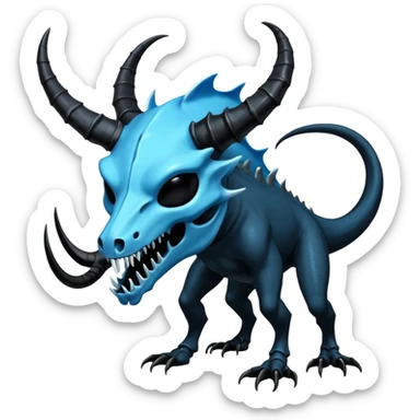 Shiny Dark Edgy  Salandit-Inteleon-Amaura-Fakémon-hybrid-creature (full body) with a horned animal-skull-mask sticker