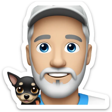 Handsome man with blue eyes wearing ball cap with grey hair and goatee beard holding all black long haired chihuahua sticker