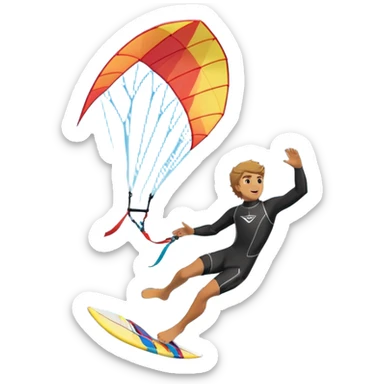 A kite surfer soaring above the waves, holding onto a kite with the wind in full force. The background showcases the ocean and sky, emphasizing the freedom, thrill, and energy of the sport. The motion of the kite and board is dynamic, capturing the excitement of kiting. sticker