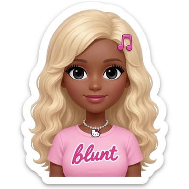 Long giant lashes, my melody hairclip, Doll faced shaped, hello kitty necklace, bimbo, black doll eyes, barbie, dark brown skin with long curly blonde hair, light pink bimbo shirt says "blunt" , big breast sticker