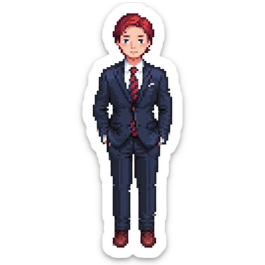 man wearing a dark blue-gray business suit with black horizontal stripes on the arms and legs, white shirt and red tie sticker