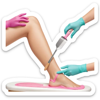 Close-up professional beauty photo of a smooth white leg during a waxing procedure, a second person’s hand wearing a turquoise nitrile glove spreading warm pink depilatory wax along the leg with a wooden spatula sticker