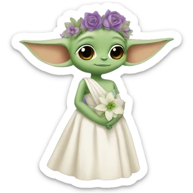 baby yoda in a wedding dress with a green and purple floral crown sticker