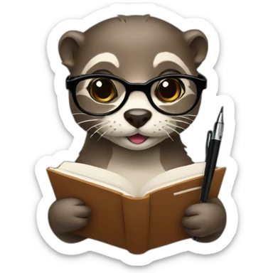 female Otter with round glasses holding a couple journals and a pen sticker