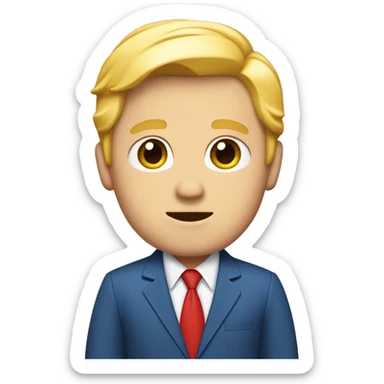 White guy with blond hair and orangish skin wearing a blue suit and red tie with one ear covered with paper  sticker