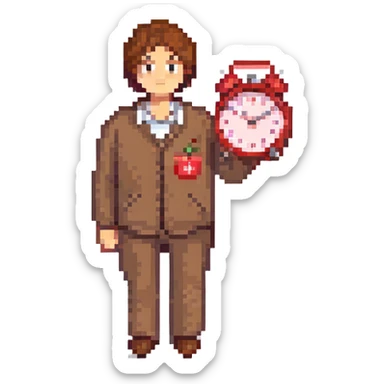A man with brown hair holding a red alarm clock sticker