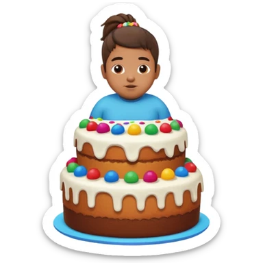 chubby mexican boy with pony tail coming out of giant cake sticker