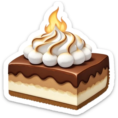 Chocolate cheesecake slice topped with toasted marshmallows and graham crackers sticker