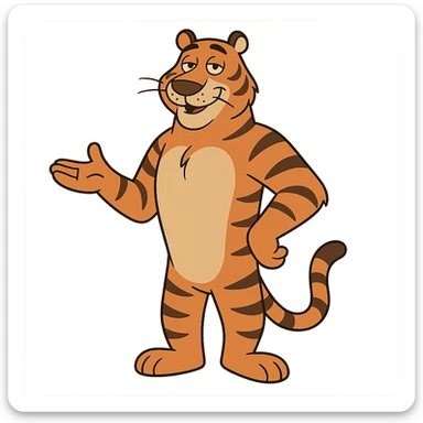 a friendly, tall tiger, soft eyes, welcoming posture, cartoon style sticker