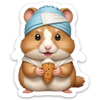 A cheerful hamster patient with head bandage, nibbling a treat for comfort.
 sticker