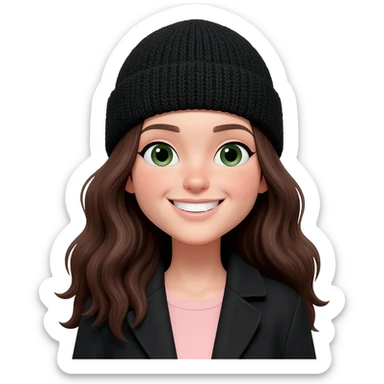 Create an emoji illustration of a smiling young woman with long, wavy dark brown hair and fair skin. Her face shape is oval and slightly round. She is wearing a black knit beanie and a black coat over a soft light pink top. She has dark green eyes and a wide natural smile. sticker