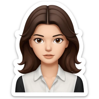 brunette Kendall Jenner con cabello ondulado marrón, ojas cafés oscuros con blusa blanca  sticker