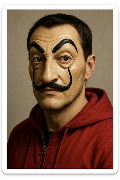 a man wearing a La Casa de Papel (Money Heist) mask, realistic style sticker