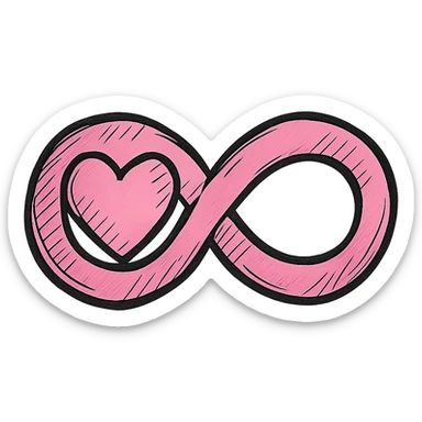 drawn pink infinity symbol with bold clear contours, expressive graphic shadows and highlights, heart integrated into the left loop of the infinity, blending smoothly with the overall shape sticker