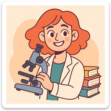 a beautiful girl scientist smiling with a microscope and books soft pastel illustration style sticker