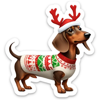 Dachshund wearing a Christmas sweater and reindeer antlers on his head sticker