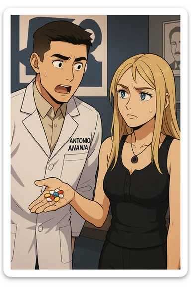 fai un webtoon/manga a colori con questo kinesiologo in camice bianco (fagli la scritta "ANTONIO ANANIA" SUL CAMICE) CHE PARLA CON QUESTA RAGAZZA CON GLI OCCHI AZZURRI. LA RAGAZZA HA UN PUGNO DI INTEGRATORI IN MANO (TANTE PILLOLE DIVERSE) E LE GUARDA DUBBIOSA. IL KINESIOLOGO CON IL CAMICE BIANCO LE DOMANDA UNA COSA SCIOCCATO. NON FARE I FUMETTI, FAI SOLO LORO COME SE DIALOGASSERO sticker