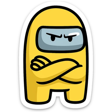 Create an Among Us crewmate character in yellow, arms crossed, angry expression, transparent background, in a style suitable for editing and clear character depiction. sticker