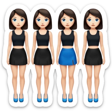 realist caucasian woman, long dark brown hair, blue eyes, black crop top, black mini skirt, high heel black shoes, full body, emoji style, different pose sticker