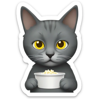 Grey Russian cat with honey yellow like eyes tucked with a dark wood like green Pendleton Navajo like blanket eating popcorn while watching a horror movie sticker