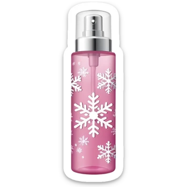 cynderical shaped pink body mist bottle with white snowflakes sticker