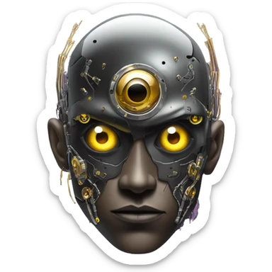 black metal male cyborg head with artificial eyeball, circuitry and wispy yellow gold hair sticker